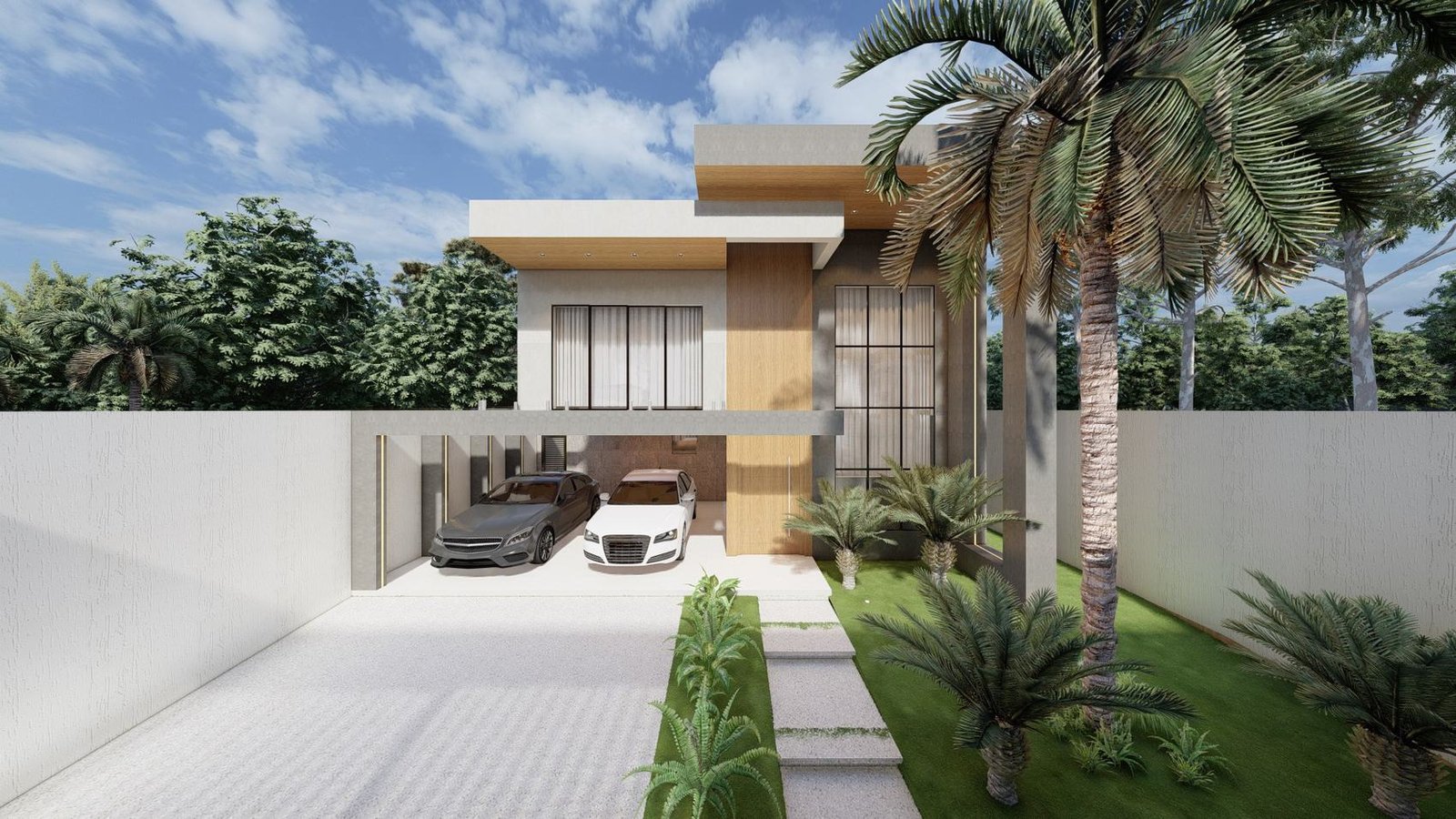 Fachada do projeto — a casa pensada para este lote, com garagem para dois carros.