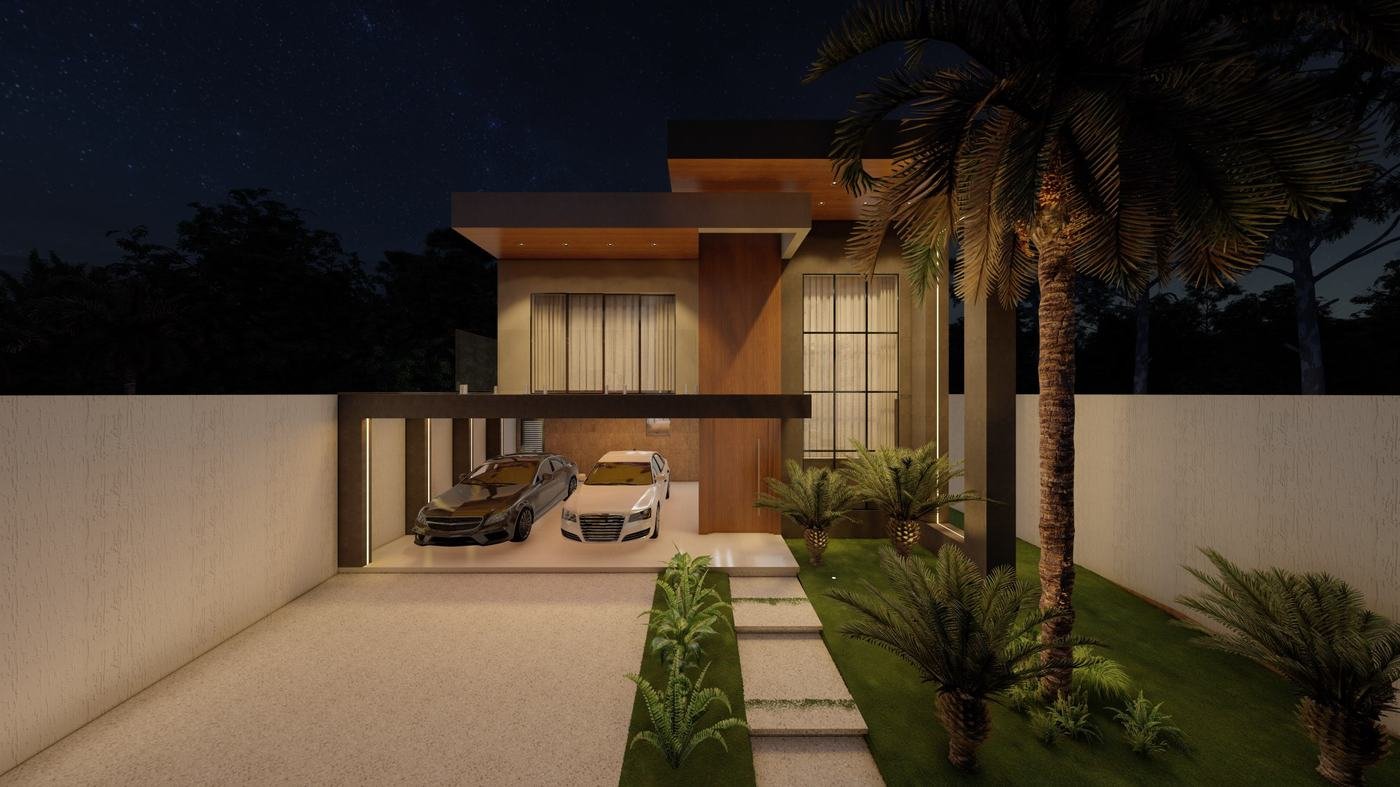 Fachada a noite: arquitetura moderna com iluminacao de destaque.