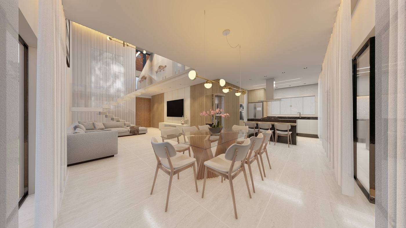 Living integrado a sala de jantar e cozinha, com pe-direito duplo.