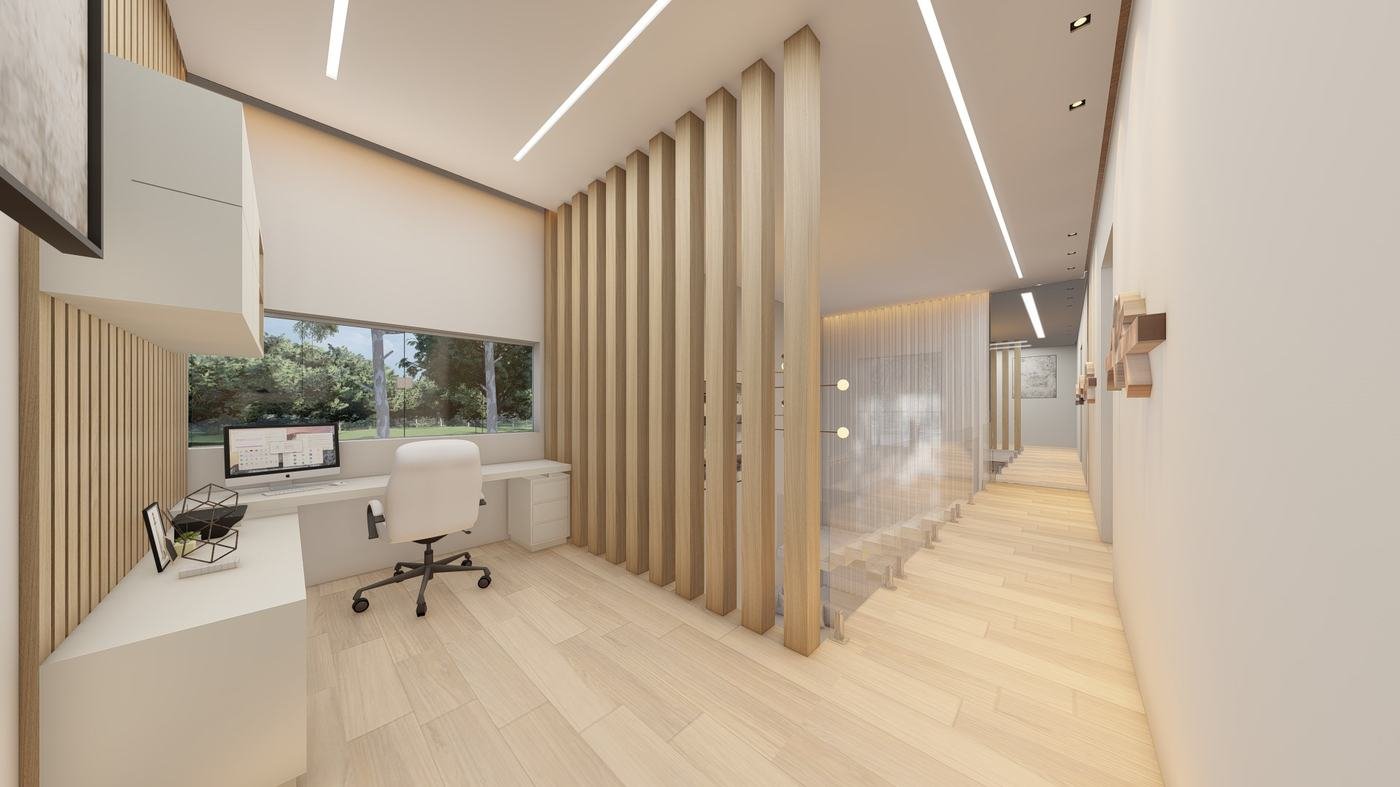 Home office com vista para o jardim.