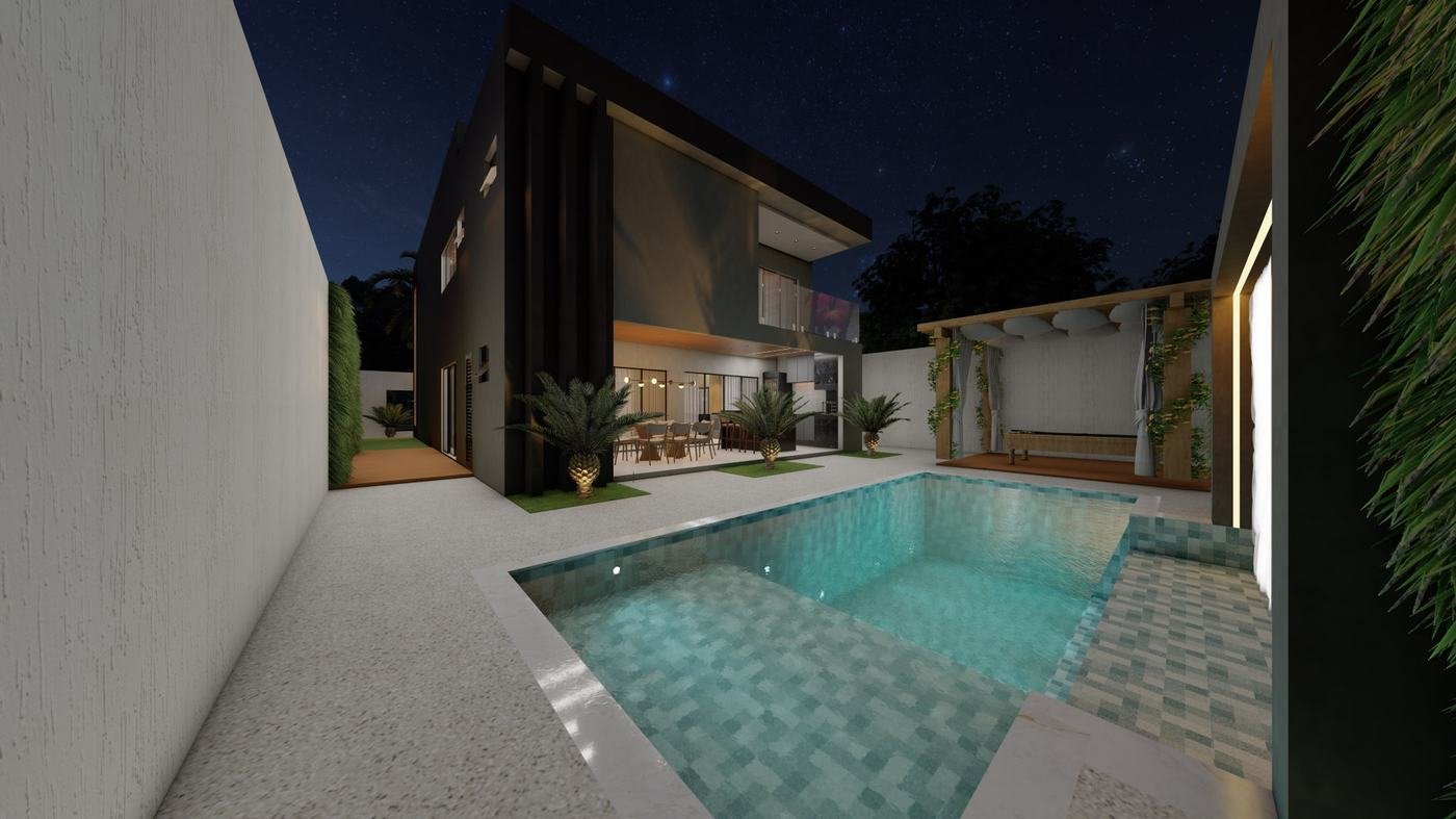 Piscina a noite — lazer completo dentro de casa.